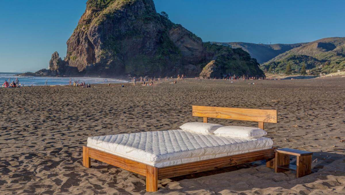 Seraphic 15 (Bamboo Blend Cover, King Size), and Classic Frame (Java Finish) at Piha Beach, West Auckland