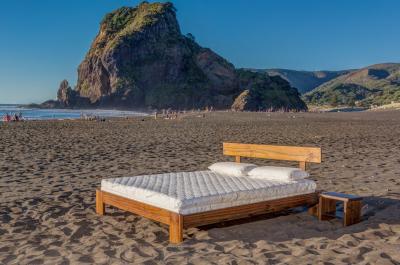 Seraphic 15 (Bamboo Blend Cover, King Size), and Classic Frame (Java Finish) at Piha Beach, West Auckland